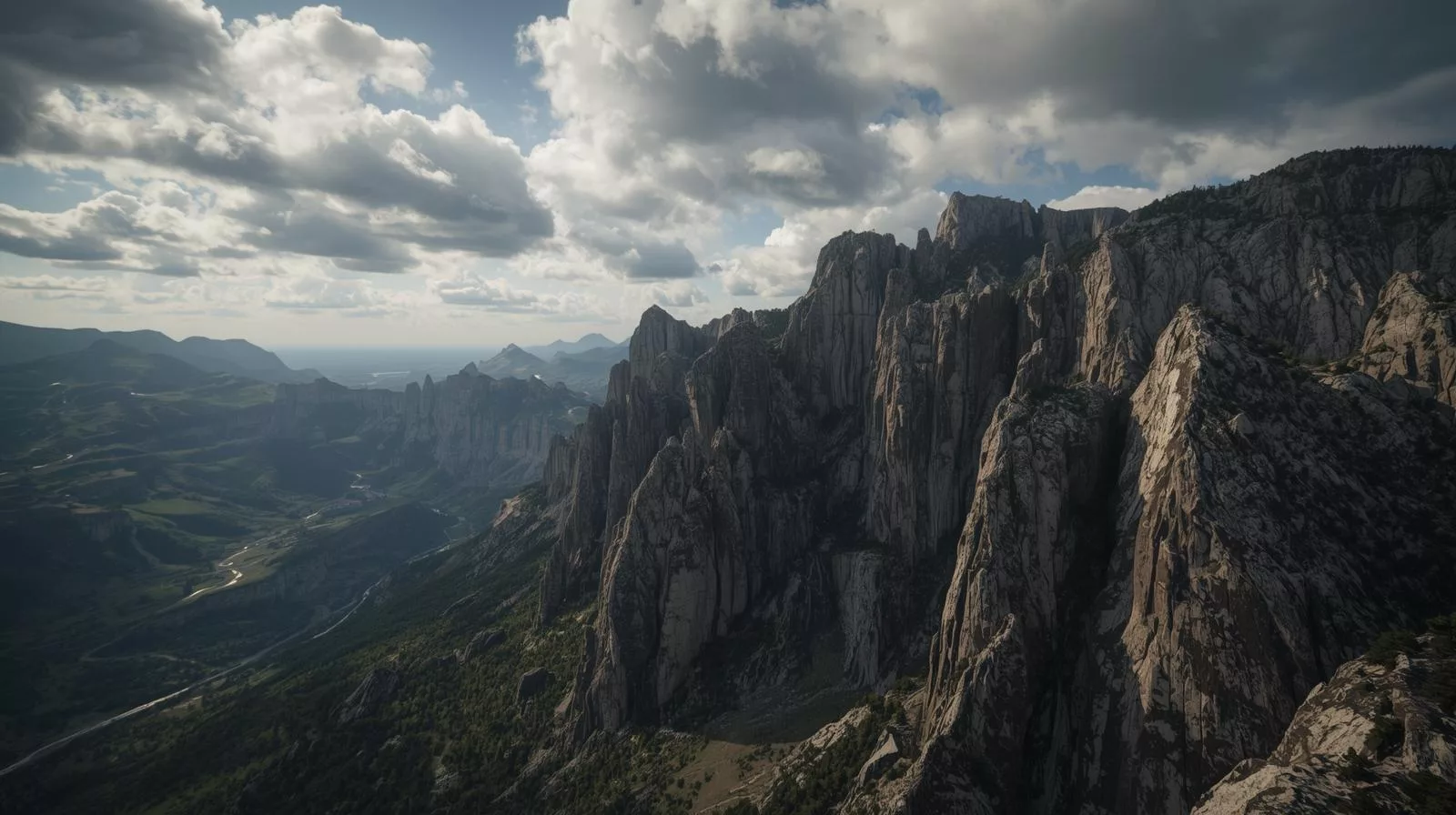 Carpathian rock formations Urytski Skeli, steep cliffs rising above green valley, dramatic sky, panoramic mountain view