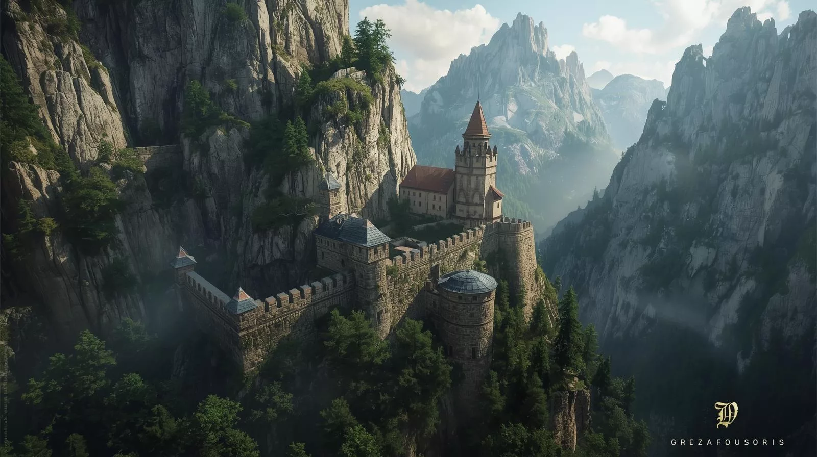 Medieval fortress Tustan in the Carpathians, stone walls integrated with cliffs, surrounded by forest and mountains, atmospheric lighting, historical landscape photo