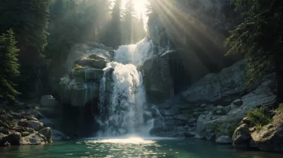 Mountain waterfall in the Carpathians, clear water flowing over mossy rocks, surrounded by pine forest, morning sunlight, natural landscape photography_