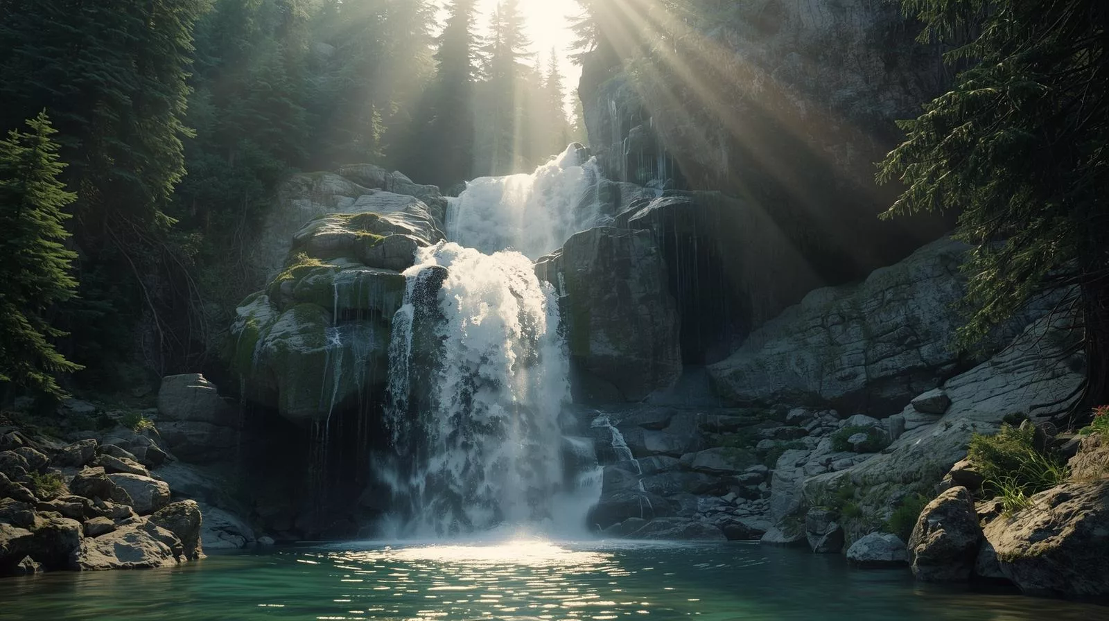 Mountain waterfall in the Carpathians, clear water flowing over mossy rocks, surrounded by pine forest, morning sunlight, natural landscape photography_