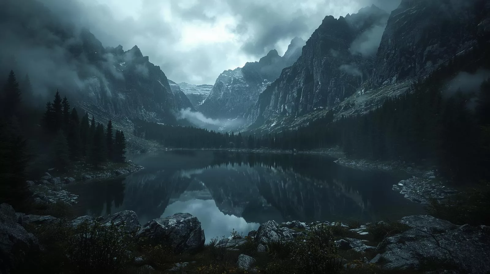 Mysterious mountain lake in the Carpathians, dark still water reflecting sky and peaks, surrounded by dense forest, misty atmosphere, cinematic style